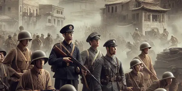 Dramatic battlefield scene from the 1949 Pingjin Campaign, featuring determined soldiers amidst a war-torn cityscape.