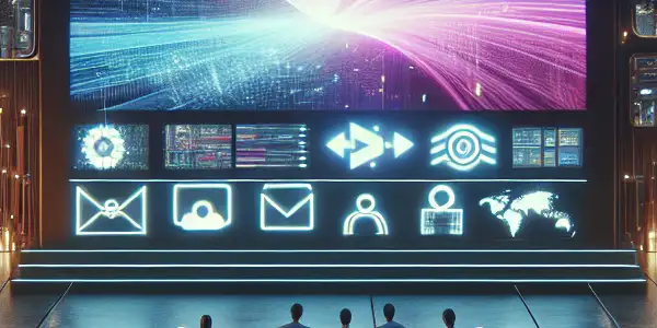 A high-tech living room with a large screen displaying engaging content, featuring diverse people enjoying a relaxed atmosphere.