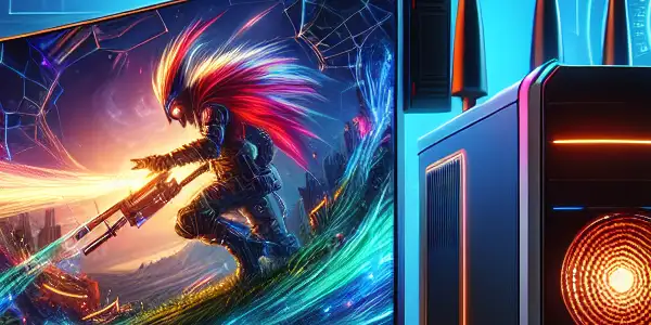 A high-tech gaming setup featuring a sleek PC, curved monitor, and immersive audio equipment in a vibrant environment.