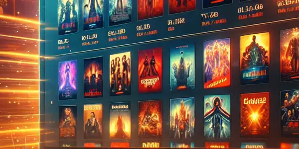 A cozy living room with a computer screen displaying a vibrant movie streaming platform and popcorn on the couch.