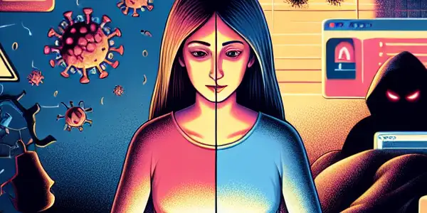 A split illustration contrasting a chaotic, unsafe internet with a serene, safe browsing environment for adult websites.