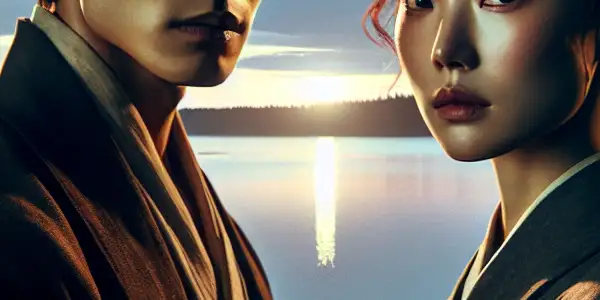 A passionate couple stands by a serene Finnish lake at twilight, embodying deep emotional connection and longing.