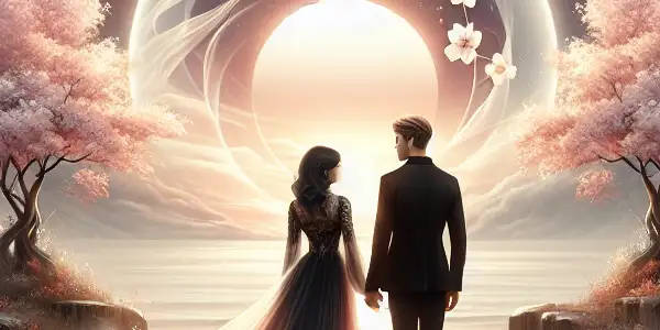 A couple stands hand in hand on a misty shore at sunset, surrounded by cherry blossoms and a glowing portal.