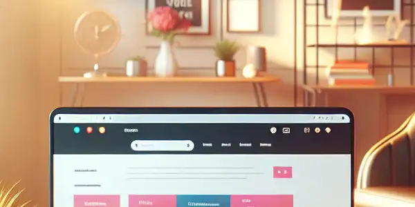 A cozy office with a computer displaying adult entertainment resources, coffee, notepad, and a potted plant.