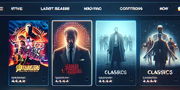 A modern online movie streaming platform interface featuring film posters, devices, and a cozy atmosphere.