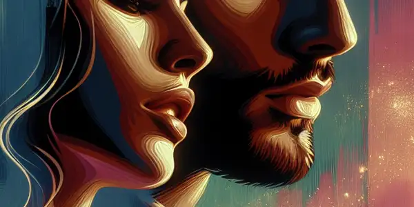 A romantic urban night scene featuring a man and woman in an intimate embrace against a city skyline.