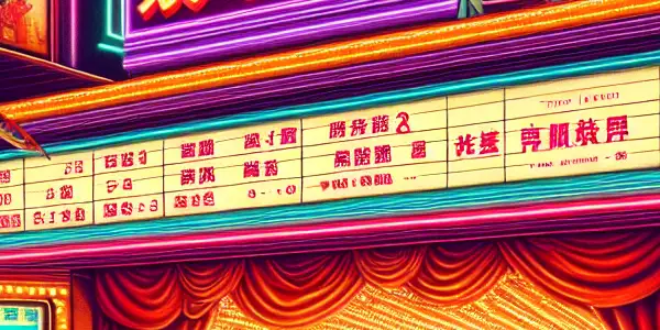 A vibrant 1980s cinema scene showcasing patrons discussing Taiwanese Category III films with neon lights and retro decor.