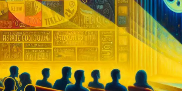 A vintage cinema scene featuring silhouettes engaged with adult-themed films, contrasting bright colors and shadowy figures.
