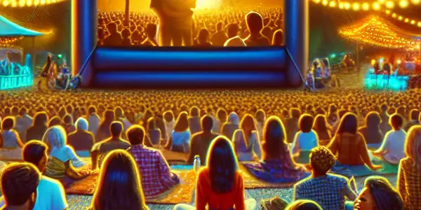 A lively outdoor movie night with a large screen, diverse audience, picnic blankets, and twinkling fairy lights.