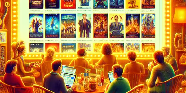 A cozy room filled with movie memorabilia, where diverse film enthusiasts engage in lively discussions over a glowing computer screen.