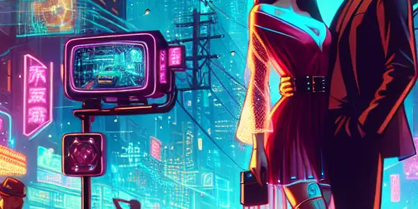A passionate couple in a vibrant urban setting, blending classic literature elements with modern technology and neon lights.