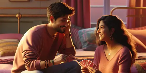 A cozy, intimate room with a couple joyfully exploring adult games, surrounded by warm candlelight and playful accessories.