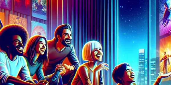 A diverse group of friends enjoying a movie night in a cozy, modern living room.