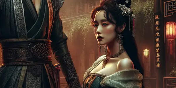 A dramatic moment between Ximen Qing and Pan Jinlian in a traditional Chinese courtyard, filled with tension and allure.