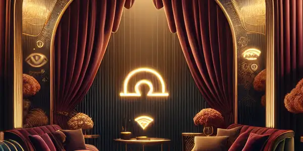 A sophisticated, dimly lit room featuring plush furnishings and a high-end device displaying curated adult content.