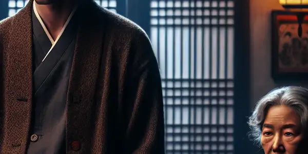 A young man and an older woman share a tense, intimate moment in a cozy, traditionally decorated living room.