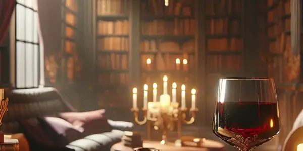 A cozy library scene featuring a wooden table with an open book, wine, and candlelight, evoking sophistication and allure.