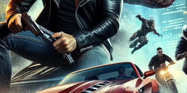 Jason Statham in a high-speed car chase through a gritty urban landscape, pursued by shadowy figures on motorcycles.