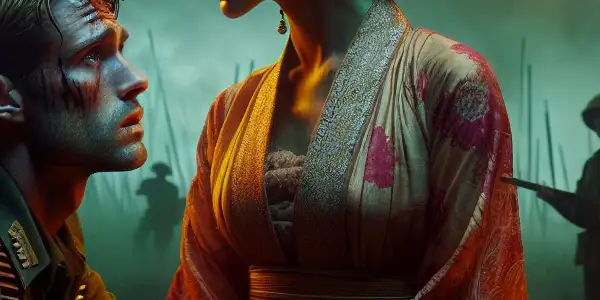 A military officer and his subordinate's wife share a tense, intimate moment amidst a war-torn Vietnam landscape.