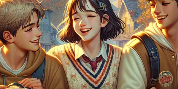 Three high school students laugh together in a nostalgic late 1990s town, surrounded by colorful houses and autumn leaves.