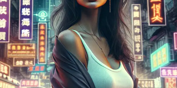 A determined young woman stands amidst a vibrant Dongguan city street, surrounded by neon lights and diverse crowds.