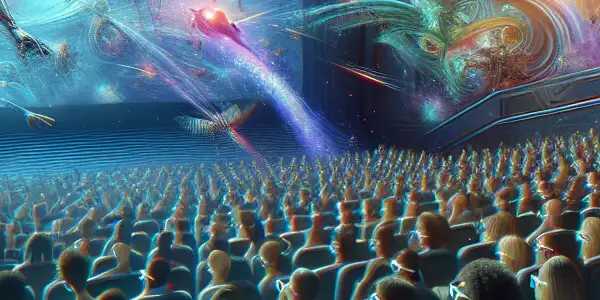 A diverse group of excited moviegoers wearing 3D glasses, captivated by vibrant visuals in a modern theater.