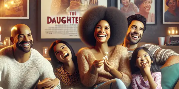 A joyful family movie night in a cozy living room, featuring a mother-in-law, daughter-in-law, and child.<a href=