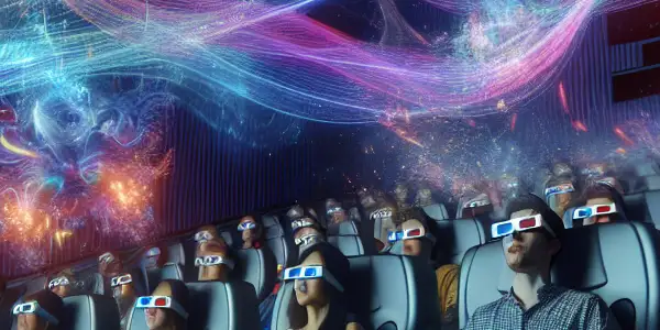 A lively 5D movie theater scene with excited audience members in 3D glasses experiencing dynamic visuals and effects.
