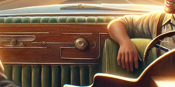 A Black pianist plays joyfully in a vintage car, while a White driver smiles, capturing their deepening friendship on a road trip.