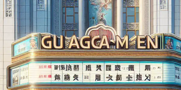 A bustling Beijing street scene featuring Guang'anmen Cinema, with families and moviegoers eagerly approaching on a clear day.