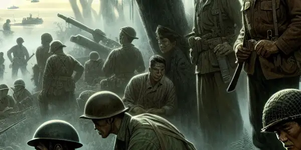 Guerrilla fighters stealthily navigate a misty forest during the Second Sino-Japanese War, preparing for a tense confrontation.