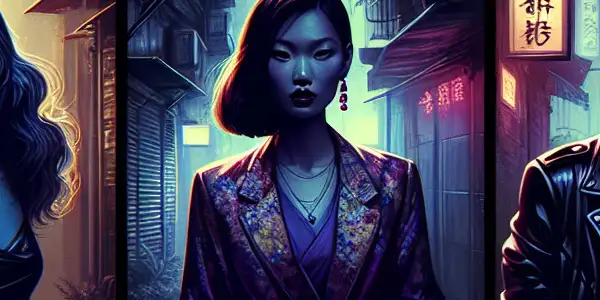 Three women representing love and betrayal in a shadowy urban landscape at twilight, surrounded by neon lights.