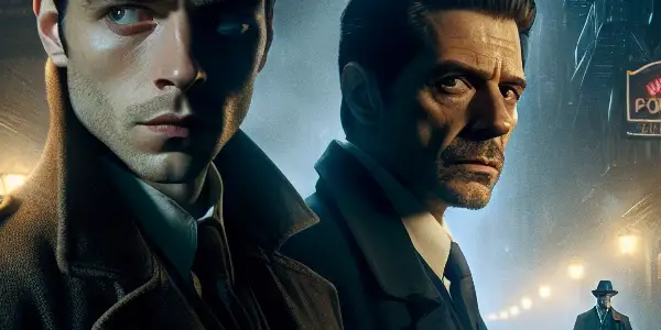 A tense urban alley at night featuring a sharp-eyed detective and a rugged police officer amid crime scene hints.