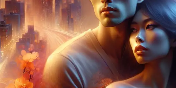 A couple shares an intimate moment amidst cherry blossoms and a vibrant urban skyline at twilight.