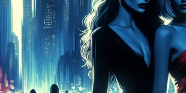 Two women in an urban twilight setting express longing and tension, surrounded by a dramatic skyline and soft neon lights.