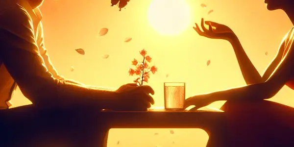 A romantic dawn scene with two characters on a park bench, surrounded by cherry blossoms and soft, golden light.