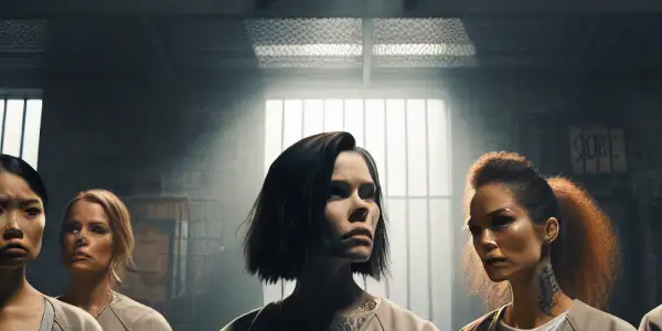 A tense moment among diverse women inmates in a dimly lit prison, showcasing fear, defiance, and camaraderie.