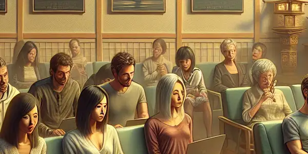 A cozy room with diverse individuals sharing and enjoying Japanese adult film clips, surrounded by cultural elements.