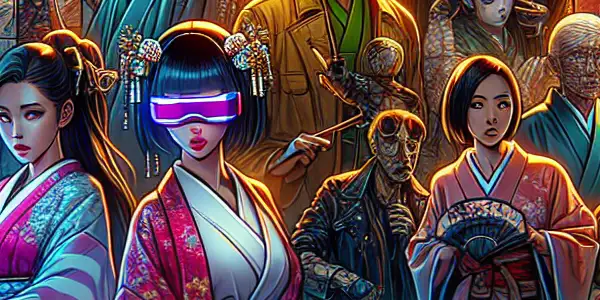 A vibrant virtual world showcasing diverse characters in intimate interactions within a futuristic gaming environment.