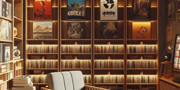 A cozy private library filled with adult films, featuring warm lighting, plush seating, and a sense of intimacy.