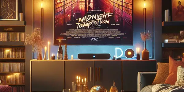 A cozy living room with a large TV displaying a colorful adult film poster, snacks, and inviting decor.