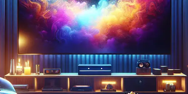 A cozy, modern living room with a sleek TV, plush couch, snacks, and soft lighting for relaxed viewing.