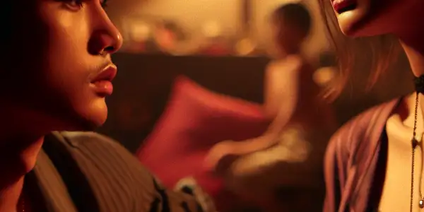 A tense and intimate scene depicting two characters in a forbidden familial relationship, surrounded by hints of domestic life.