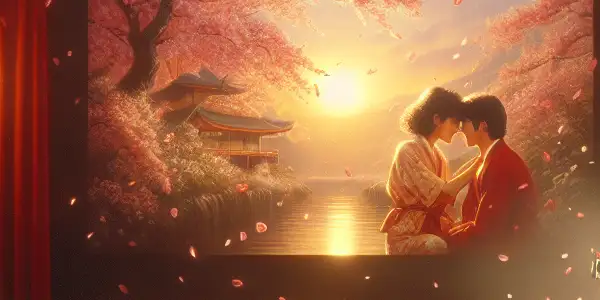 A nostalgic movie theater scene featuring plush seats, a vintage marquee, and iconic romantic film moments.