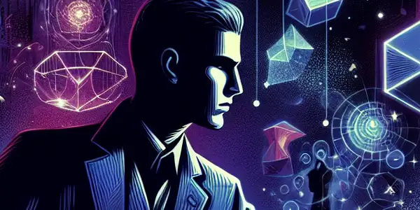 A sharp-dressed protagonist navigates a surreal dreamscape filled with floating shapes and shadows, embodying psychological tension and allure.