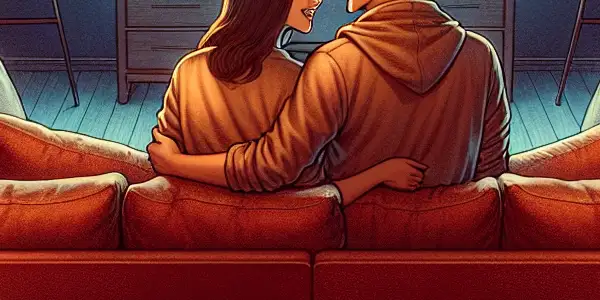 A cozy living room scene with a couple enjoying an adult film, surrounded by symbols of safety and intimacy.