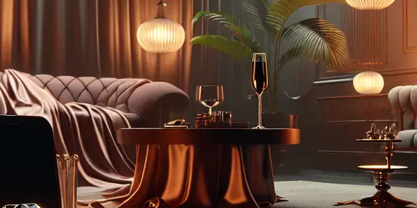 A dimly lit intimate setting featuring classic erotic props like a vibrator and handcuffs, evoking mystery and allure.