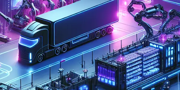 A futuristic distribution center for adult films with robotic sorting, high-tech screens, and secure delivery vehicles.