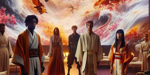 A dynamic group of actors in an elegantly lit room, embodying passion and creativity with a blend of traditional and modern aesthetics.<a href=