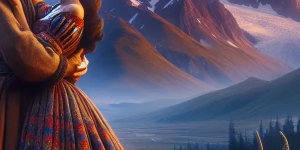 A romantic embrace between a couple in a highland landscape with snow-capped mountains and wildflowers at twilight.